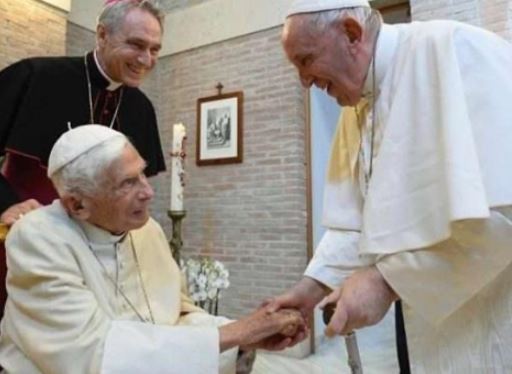 Upon his resignation there were two living Popes for the very first time. Pope Francis greeting Pope emeritus